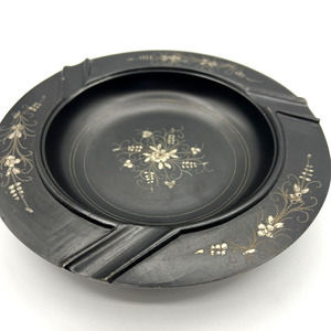 Vintage Matte Black Metal Ashtray With Gold Toned Etched Floral Designs, Boho